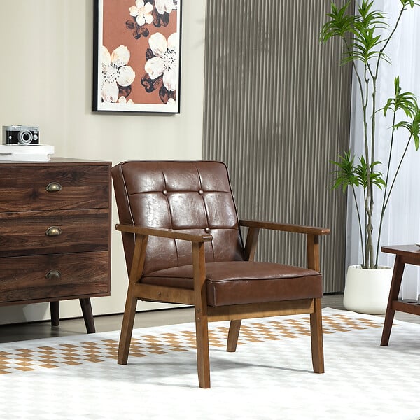 HOMCOM - Fauteuil de salon lounge design Chesterfield bois hévéa foncé synthétique chocolat - large