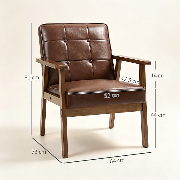 HOMCOM - Fauteuil de salon lounge design Chesterfield bois hévéa foncé synthétique chocolat - large
