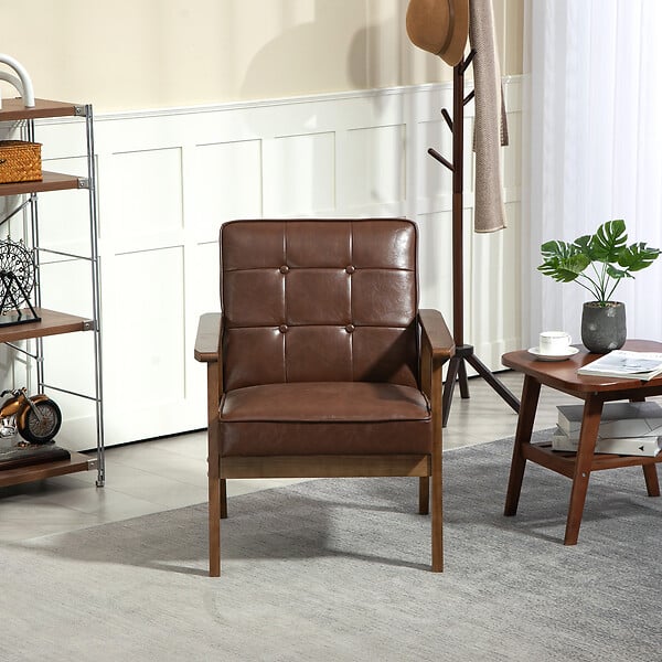 HOMCOM - Fauteuil de salon lounge design Chesterfield bois hévéa foncé synthétique chocolat - large