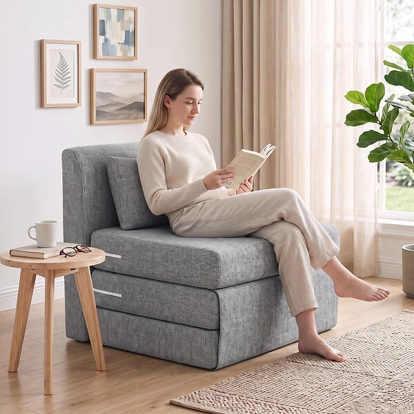 HOMCOM - Matelas lit fauteuil futon chauffeuse pliable pliant longueur 203 cm coussin inclus tissu effet lin gris chiné - large