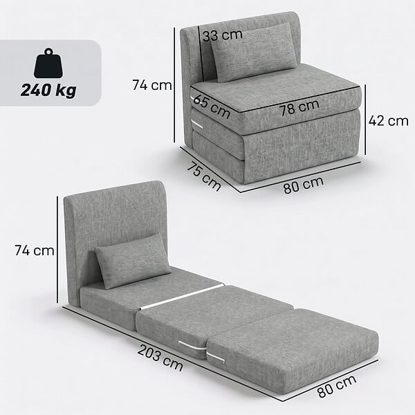 HOMCOM - Matelas lit fauteuil futon chauffeuse pliable pliant longueur 203 cm coussin inclus tissu effet lin gris chiné - large
