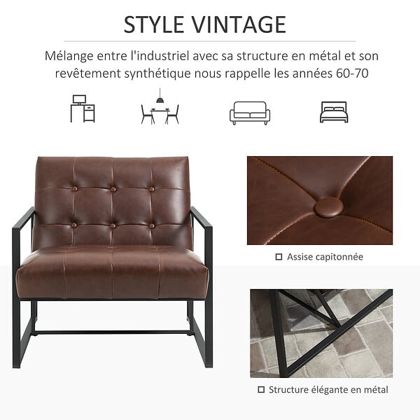 HOMCOM - Fauteuil lounge Chesterfield assise dossier capitonnés structure métal noir revêtement synthétique chocolat - large