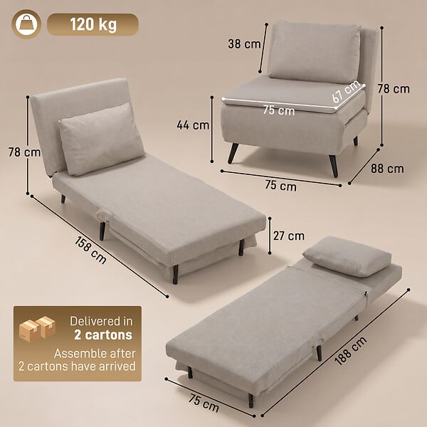 HOMCOM - Fauteuil convertible lit chaise longue 3 en 1 tissu taupe - large