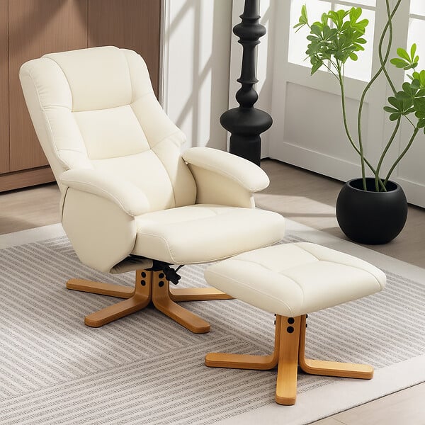 HOMCOM - Fauteuil relax inclinable pivotant avec repose-pied piètement bois clair synthétique crème - large