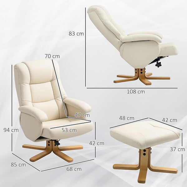 HOMCOM - Fauteuil relax inclinable pivotant avec repose-pied piètement bois clair synthétique crème - large