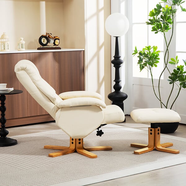 HOMCOM - Fauteuil relax inclinable pivotant avec repose-pied piètement bois clair synthétique crème - large