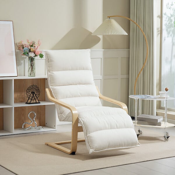 HOMCOM - Fauteuil salon style nordique repose-pieds réglable bois coussin matelassé crème - large