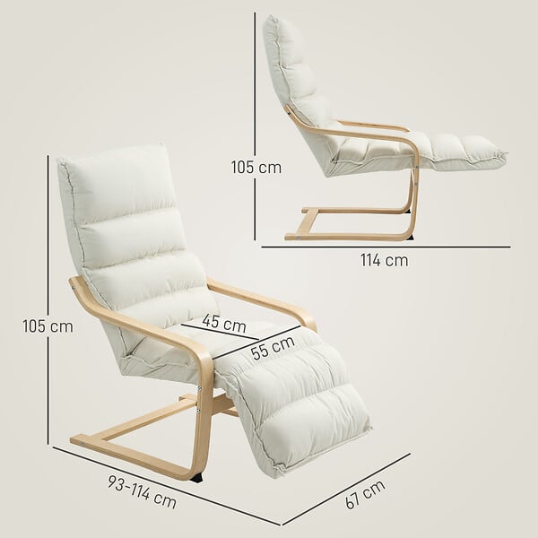 HOMCOM - Fauteuil salon style nordique repose-pieds réglable bois coussin matelassé crème - large
