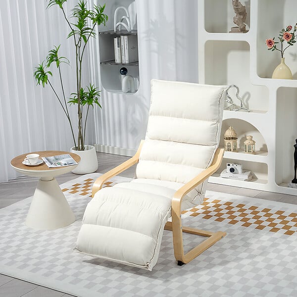 HOMCOM - Fauteuil salon style nordique repose-pieds réglable bois coussin matelassé crème - large