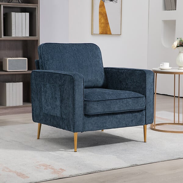 HOMCOM - Fauteuil style art déco piètement métal doré tissu bleu - large