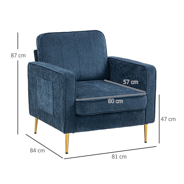 HOMCOM - Fauteuil style art déco piètement métal doré tissu bleu - large