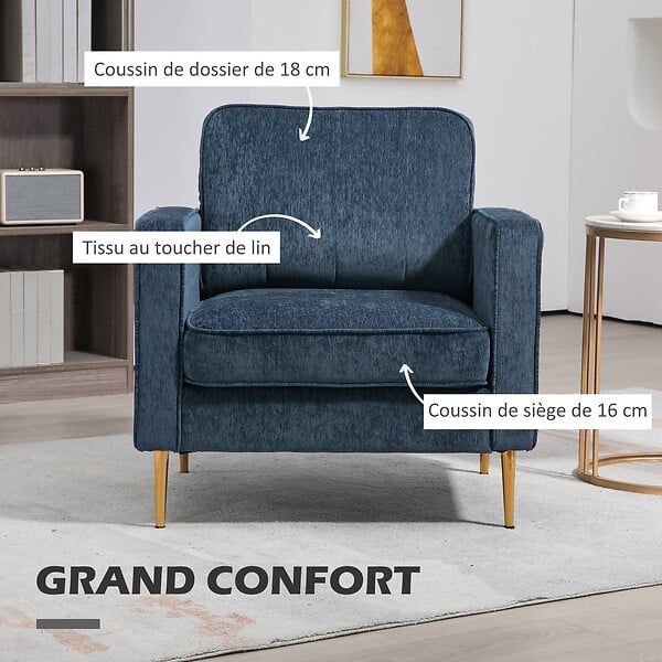 HOMCOM - Fauteuil style art déco piètement métal doré tissu bleu - large