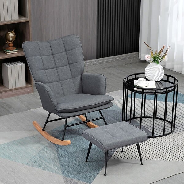 HOMCOM - Fauteuil à bascule avec repose-pieds style nordique acier noir bois clair tissu gris - large