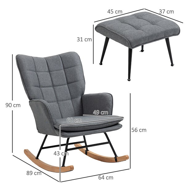 HOMCOM - Fauteuil à bascule avec repose-pieds style nordique acier noir bois clair tissu gris - large