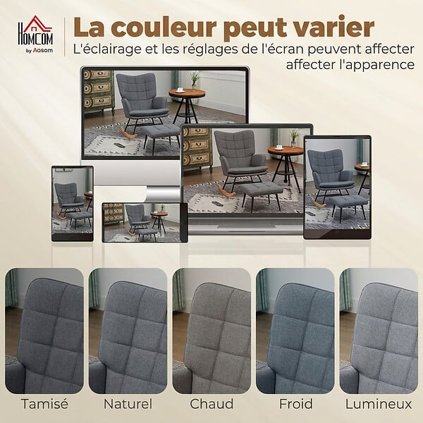 HOMCOM - Fauteuil à bascule avec repose-pieds style nordique acier noir bois clair tissu gris - large