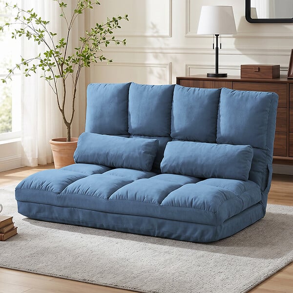 HOMCOM - Chauffeuse - matelas d'appoint pliant - fauteuil convertible - inclinaison dossier réglable 14 positions - 2 coussins inclus - polyester aspect suédé bleu - large