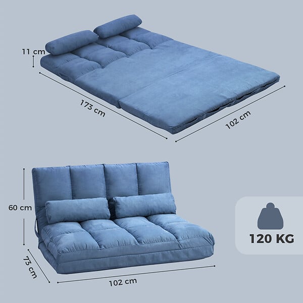 HOMCOM - Chauffeuse - matelas d'appoint pliant - fauteuil convertible - inclinaison dossier réglable 14 positions - 2 coussins inclus - polyester aspect suédé bleu - large