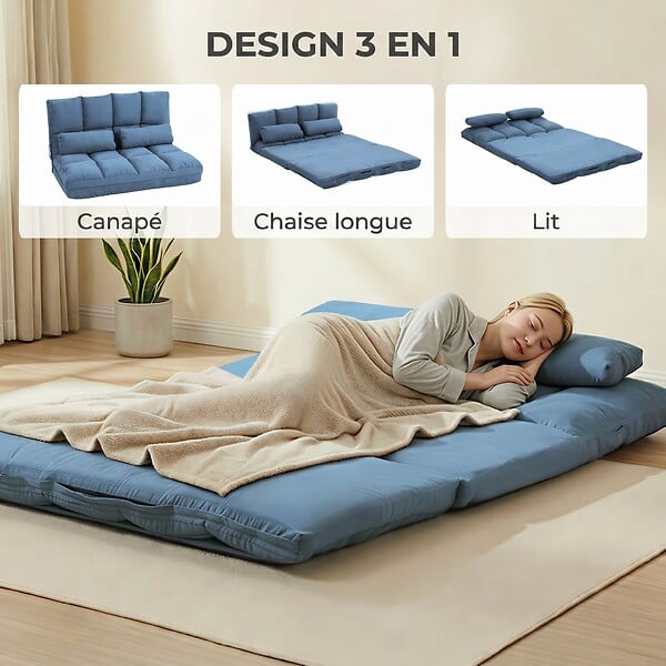 HOMCOM - Chauffeuse - matelas d'appoint pliant - fauteuil convertible - inclinaison dossier réglable 14 positions - 2 coussins inclus - polyester aspect suédé bleu - large
