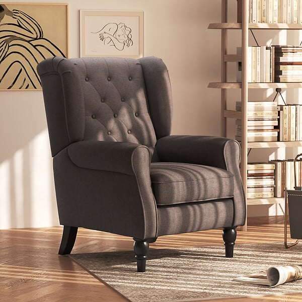 HOMCOM - Fauteuil à oreilles style Chesterfield dossier capitonné grand confort bois noir tissu chocolat - large