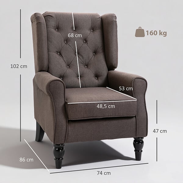 HOMCOM - Fauteuil à oreilles style Chesterfield dossier capitonné grand confort bois noir tissu chocolat - large