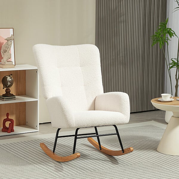 HOMCOM - Fauteuil à bascule style nordique haut dossier oreilles piètement bois hévéa effet laine bouclée crème - large