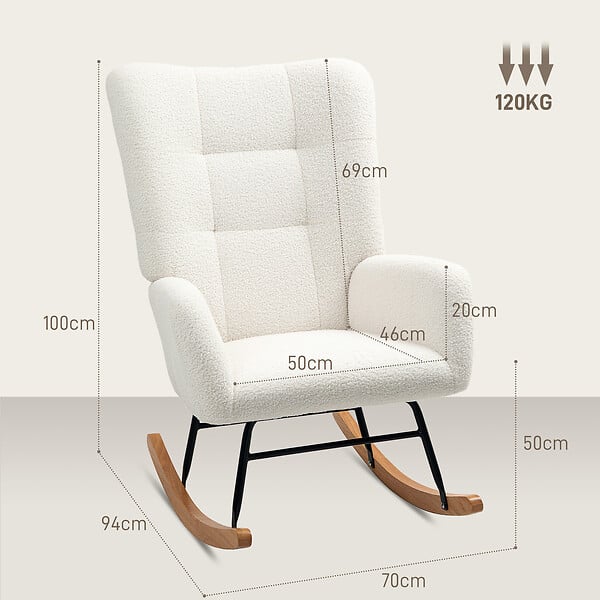 HOMCOM - Fauteuil à bascule style nordique haut dossier oreilles piètement bois hévéa effet laine bouclée crème - large