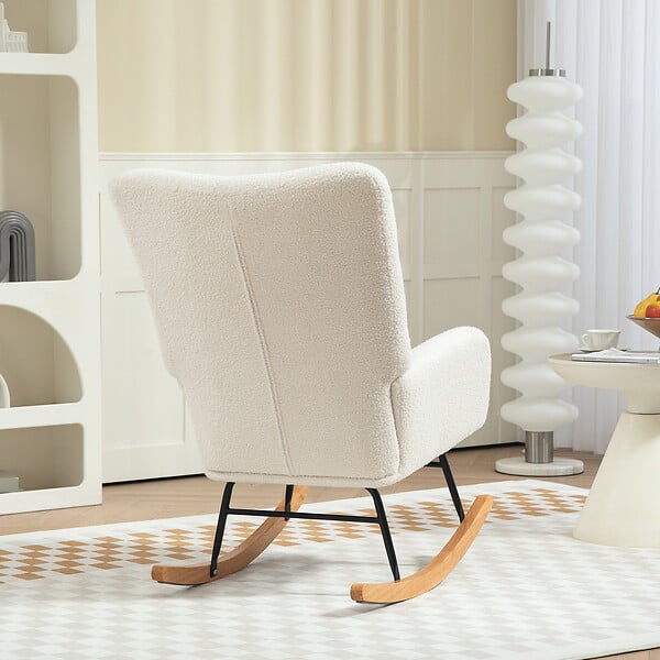 HOMCOM - Fauteuil à bascule style nordique haut dossier oreilles piètement bois hévéa effet laine bouclée crème - large
