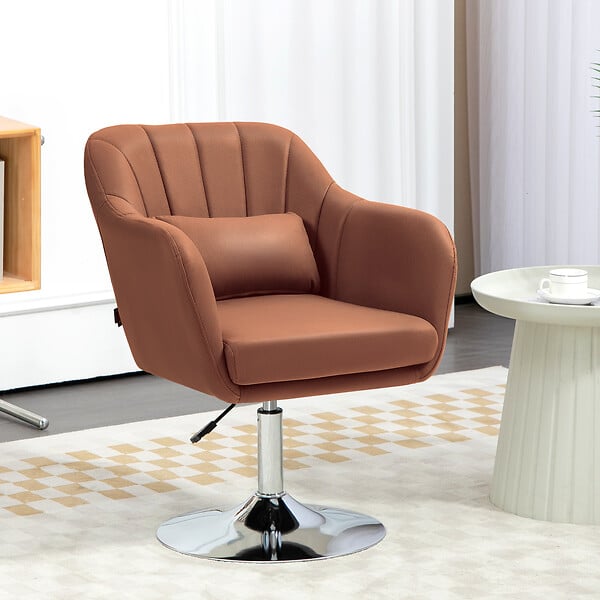 HOMCOM - Fauteuil lounge design grand confort coussins lombaires hauteur réglable pivotant 360° piètement métal chromé lin marron - large