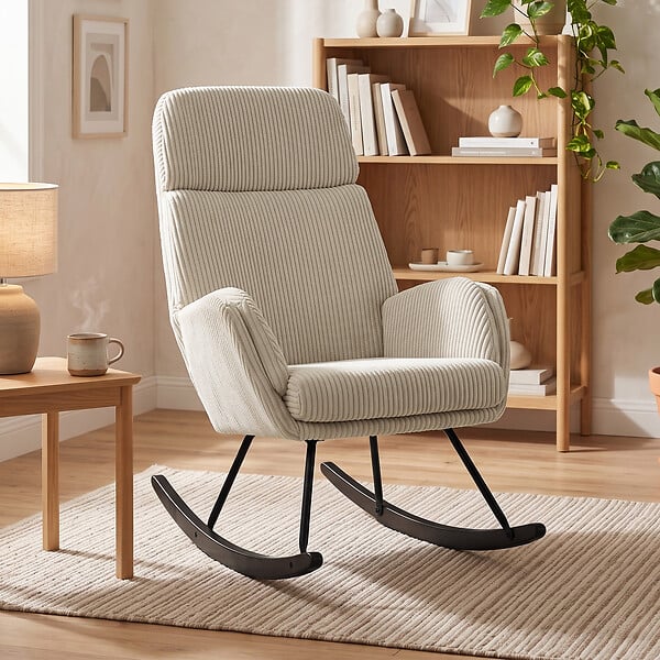 HOMCOM - Fauteuil à bascule velours côtelé beige métal bois noir - large
