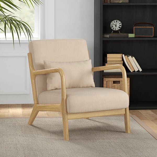 HOMCOM - Fauteuil lounge - 3 coussins inclus - assise profonde - accoudoirs - structure bois hévéa - aspect velours beige - large