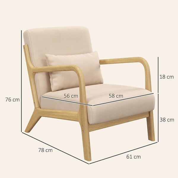 HOMCOM - Fauteuil lounge - 3 coussins inclus - assise profonde - accoudoirs - structure bois hévéa - aspect velours beige - large