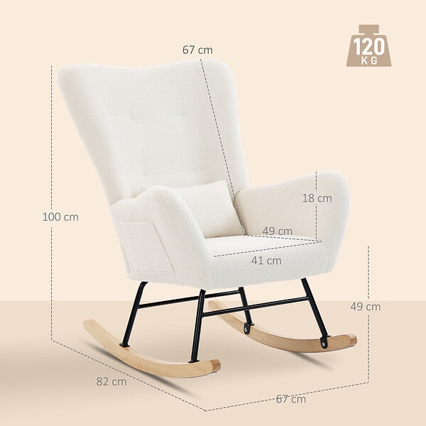 HOMCOM - Fauteuil à bascule style nordique bouclette crème coussin bois clair - large
