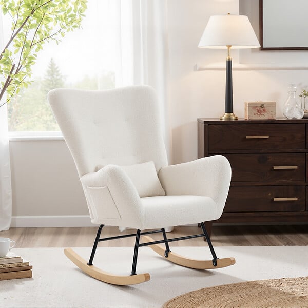 HOMCOM - Fauteuil à bascule style nordique bouclette crème coussin bois clair - large