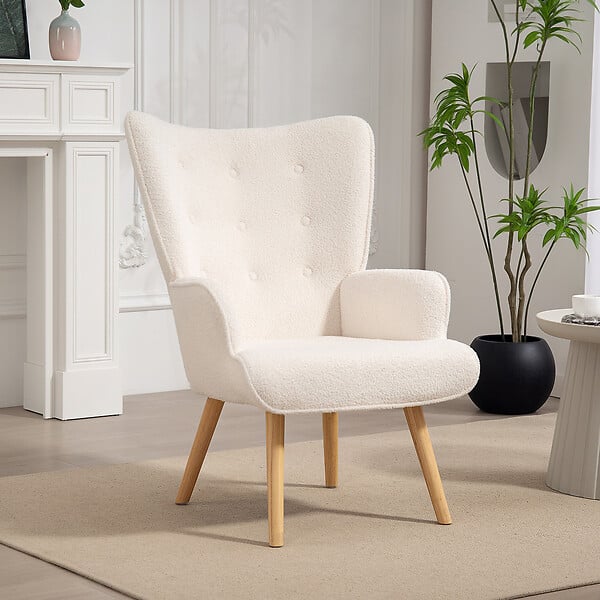 HOMCOM - Fauteuil à oreilles style nordique piètement bois effet laine bouclée beige clair - large