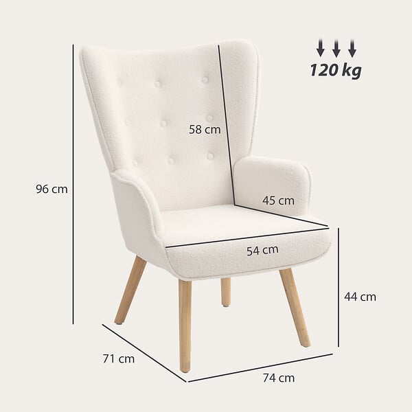 HOMCOM - Fauteuil à oreilles style nordique piètement bois effet laine bouclée beige clair - large
