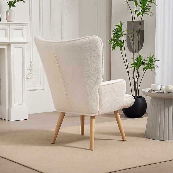 HOMCOM - Fauteuil à oreilles style nordique piètement bois effet laine bouclée beige clair - large