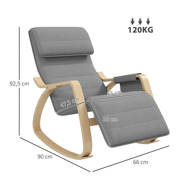 HOMCOM - Fauteuil à bascule - fauteuil relax repose-pied réglable, poche rangement, tétière - bois tissu gris - large