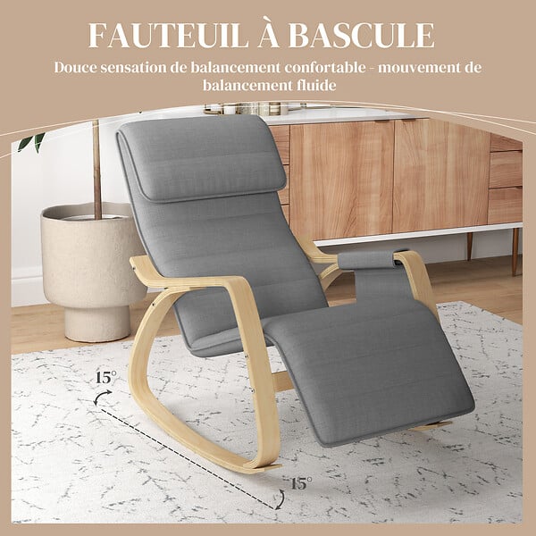 HOMCOM - Fauteuil à bascule - fauteuil relax repose-pied réglable, poche rangement, tétière - bois tissu gris - large