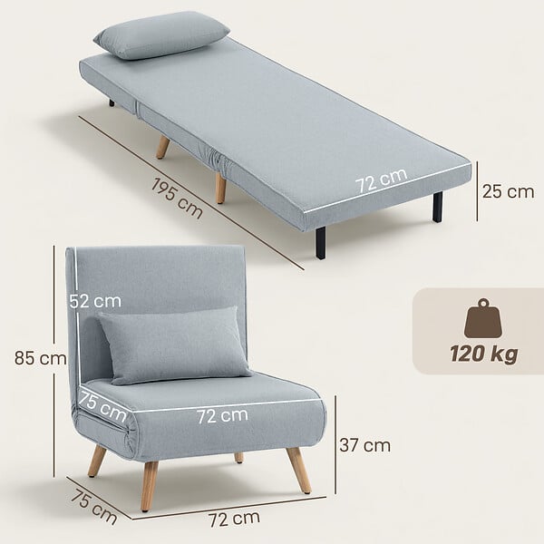 HOMCOM - Fauteuil convertible design scandinave - coussin - bois tissu gris - large