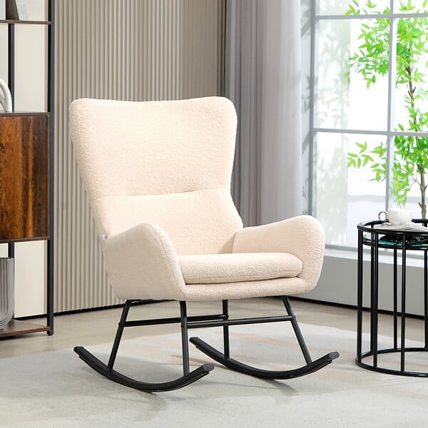 HOMCOM - Fauteuil à bascule rocking chair style néo-rétro acier noir effet laine bouclée beige clair - large