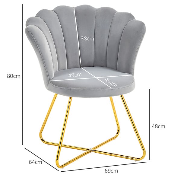 HOMCOM - Fauteuil design coquillage piètement acier doré velours gris - large