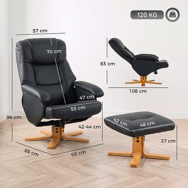 HOMCOM - Fauteuil relax inclinable pivotant avec repose-pied piètement bois clair synthétique noir - large
