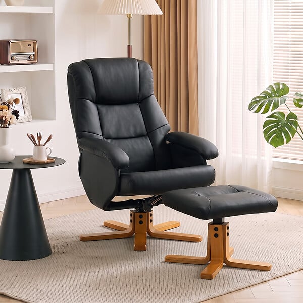 HOMCOM - Fauteuil relax inclinable pivotant avec repose-pied piètement bois clair synthétique noir - large