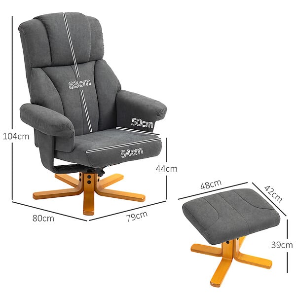 HOMCOM - Fauteuil relax inclinable avec repose-pieds assorti bois verni flanelle gris - large
