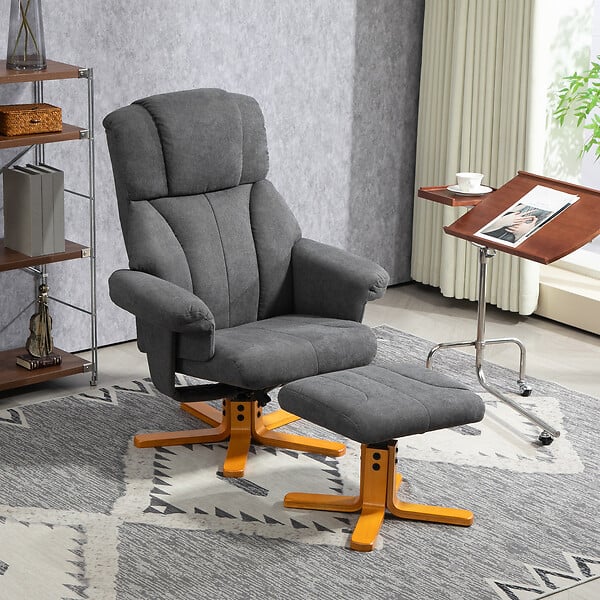 HOMCOM - Fauteuil relax inclinable avec repose-pieds assorti bois verni flanelle gris - large