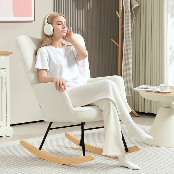 HOMCOM - Fauteuil à bascule rocking chair revêtement effet laine bouclée, structure en acier 71 x 98 x 101 cm blanc - large