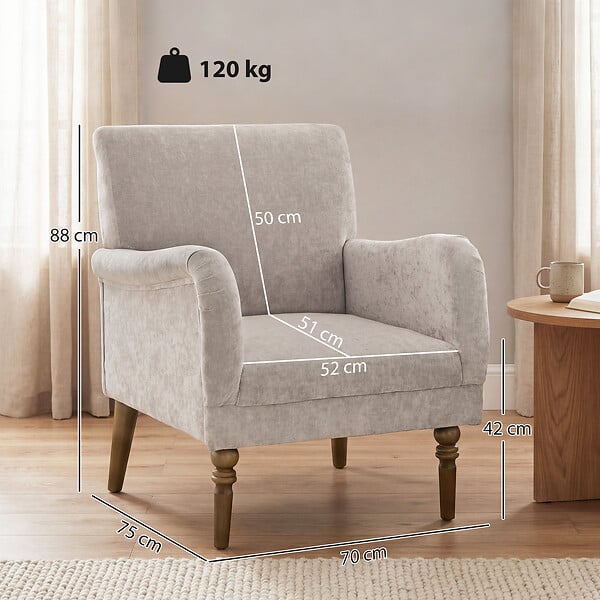HOMCOM - Fauteuil style classique chic piètement bois accoudoirs courbés tissu taupe clair - large