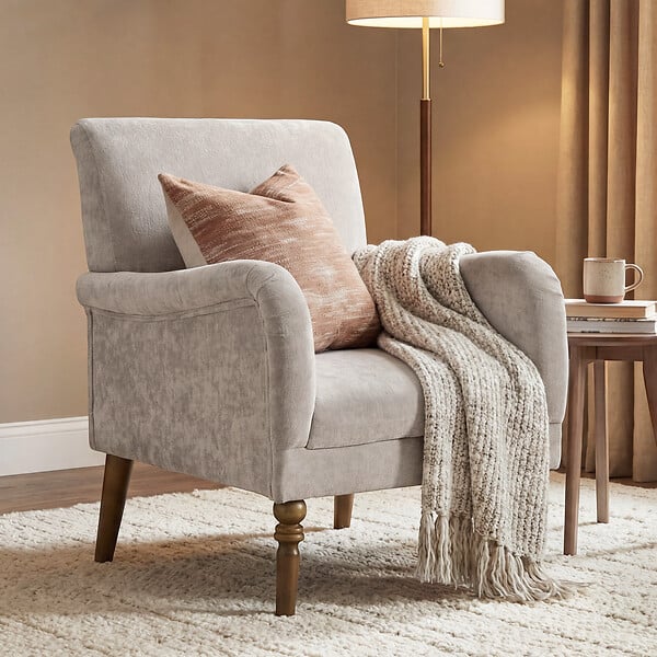 HOMCOM - Fauteuil style classique chic piètement bois accoudoirs courbés tissu taupe clair - large
