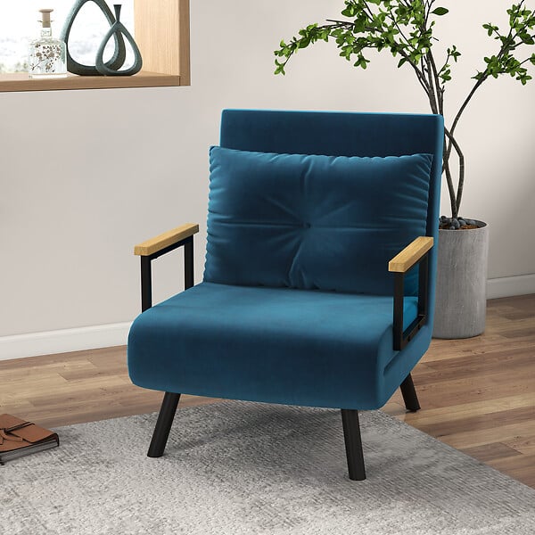HOMCOM - Fauteuil convertible 3 en 1 chauffeuse lit dossier réglable coussin accoudoirs bois velours bleu - large
