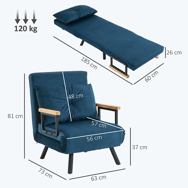 HOMCOM - Fauteuil convertible 3 en 1 chauffeuse lit dossier réglable coussin accoudoirs bois velours bleu - large